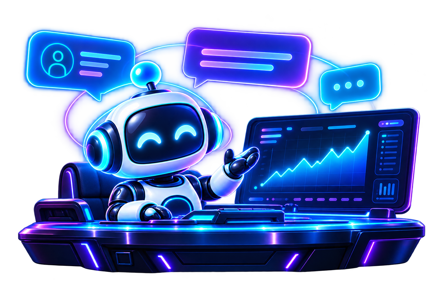 MemePilot-robot aan een bureau die uitleg geeft bij een grafiek
