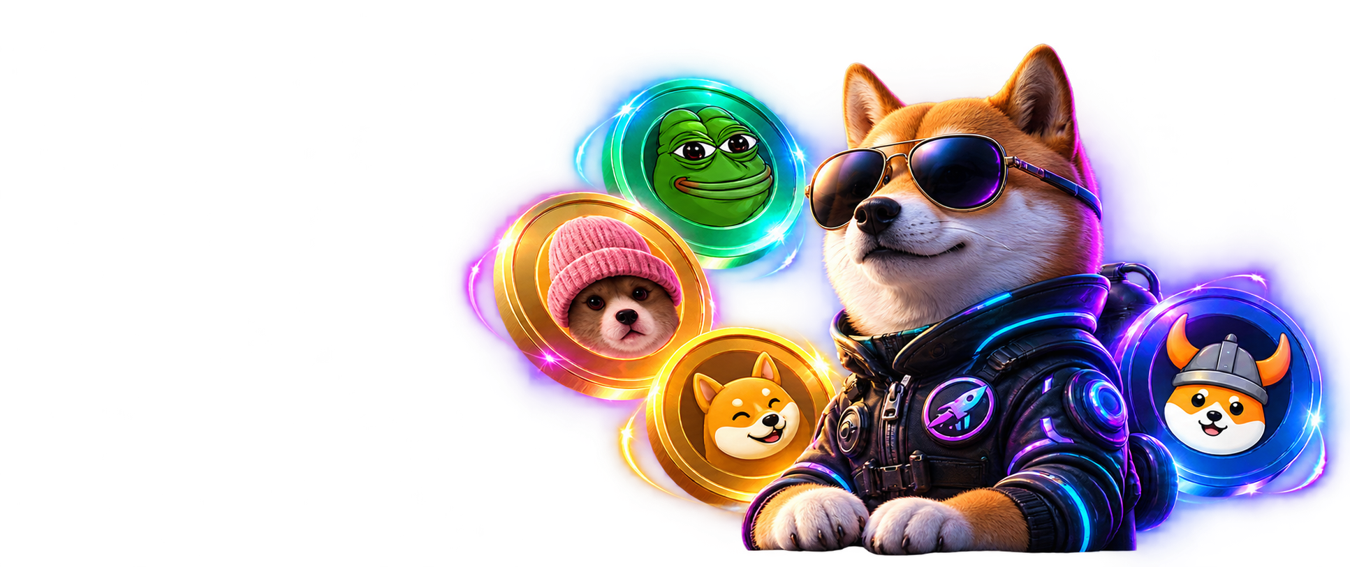 Shiba Inu-astronaut met zonnebril tussen memecoin-medaillons